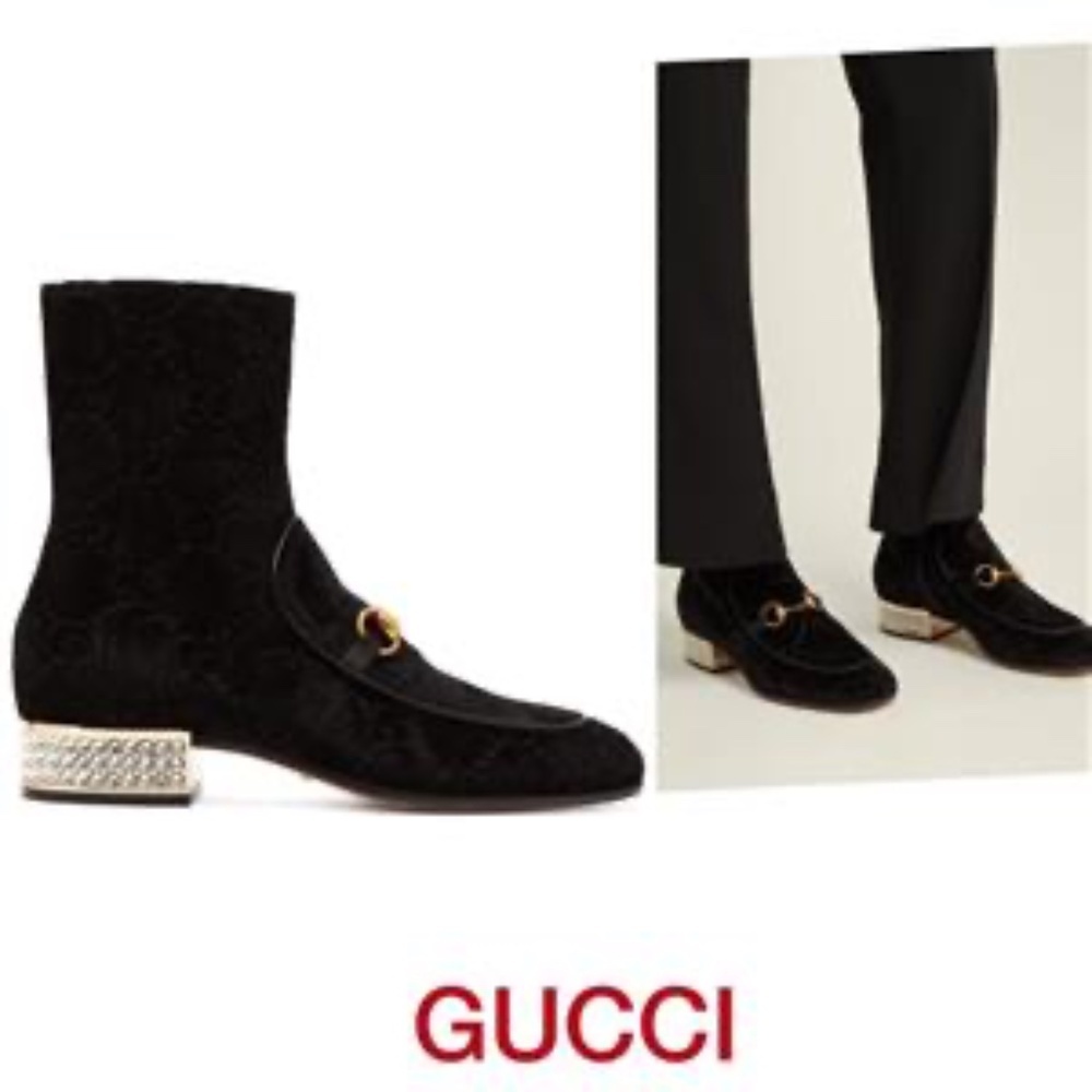 Gucci 'Mister GG' Monogram Velvet Horsebit With Rhinestone Black Boots SZ 37.5 - Picture 2 of 14